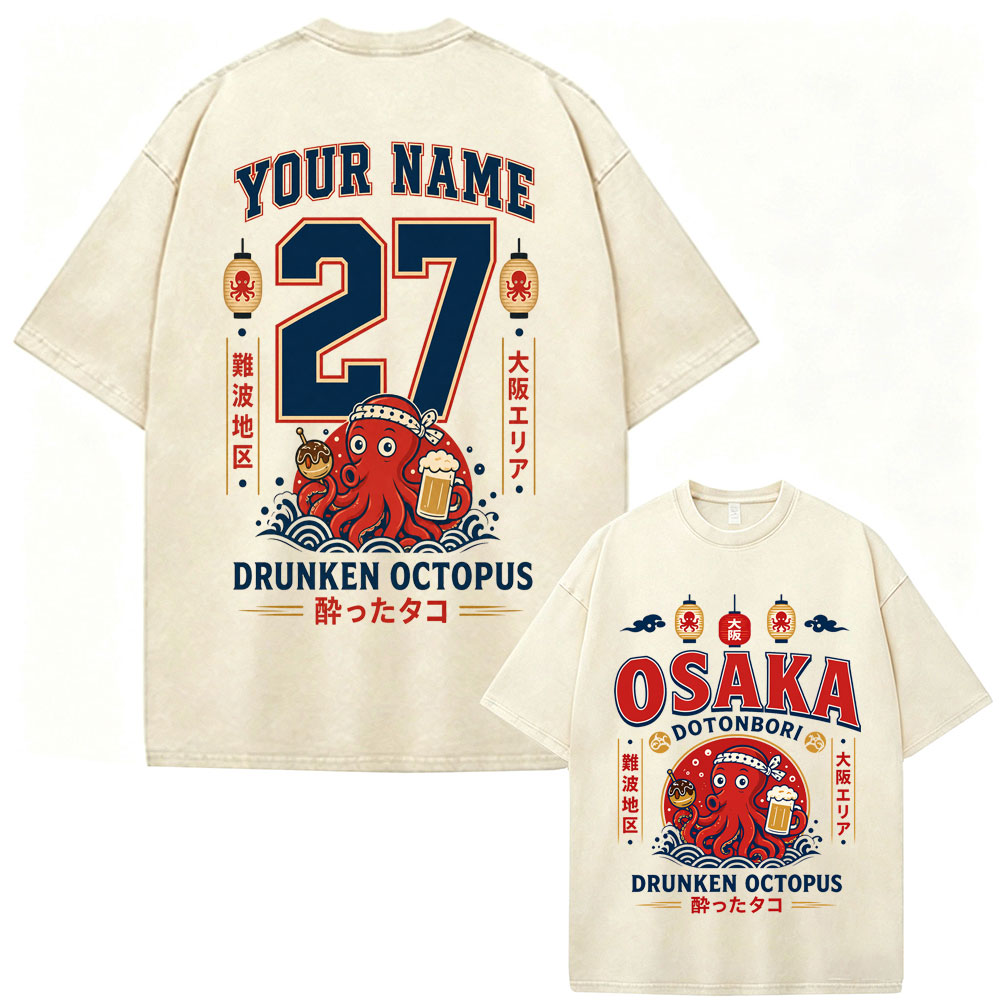 Vintage Fashion Osaka - เสื้อยืดลายปลาหมึกดื่มเมา โดโตนโบริ โอซากะ สไตล์มีมตลกๆ วินเทจญี่ปุ่น เสื้อผ้าผู้ชาย