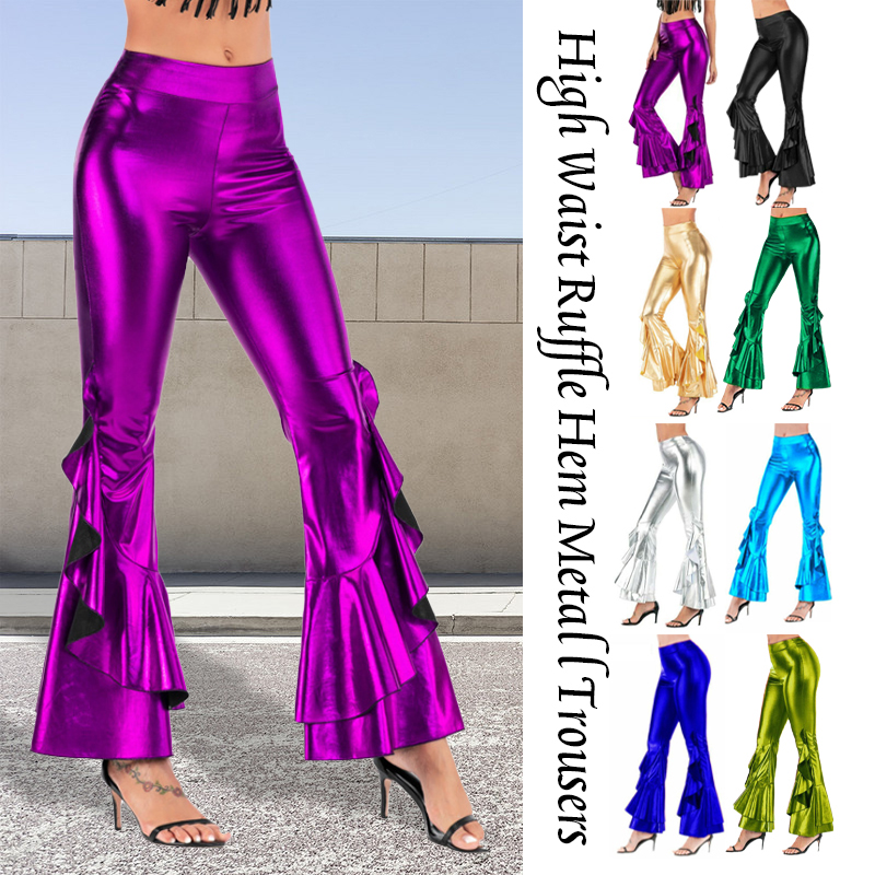 Wide Leg Trouser 70S - ผู้หญิงเงา Flare กางเกง METALLIC Bell Bottoms