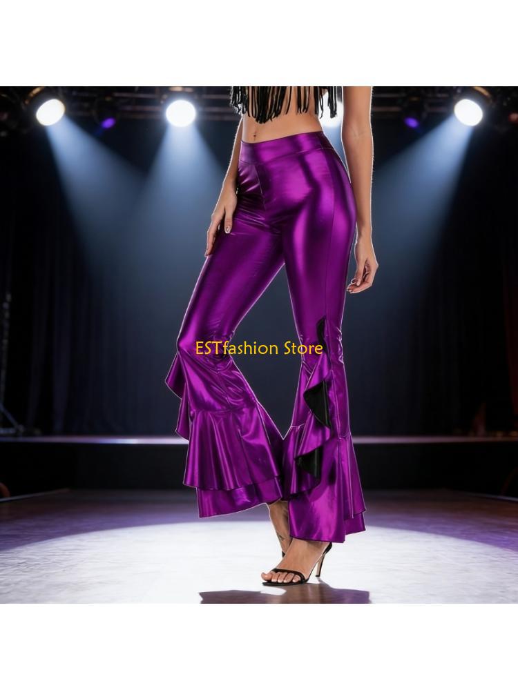 Wide Leg Trouser 70S - Y5GC ผู้หญิงคลับและกางเกงพรหม Metallic Look Flared ขากว้าง