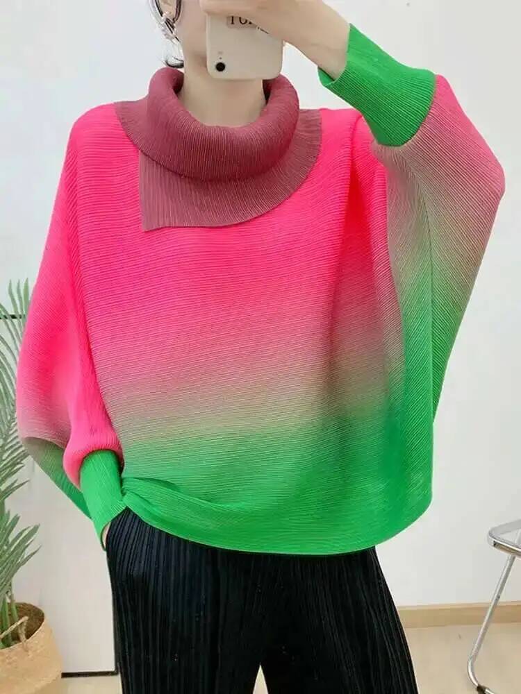Vintage Fashion Build - เสื้อยืดจีบไล่เฉดสีสำหรับผู้หญิง แขนยาว ทรงหลวม แฟชั่นสำหรับผู้หญิง ฤดูใบไม้ร่วง 2023