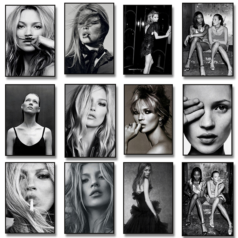 Vintage Vogue Fashion Poster - Vintage Retro การถ่ายภาพ Kate Moss สูบบุหรี่แฟชั่นโปสเตอร์ภาพวาดผ้าใบผนังพิมพ์รูปภาพสําหรับห้องพักหญิงตกแต่งบ้าน