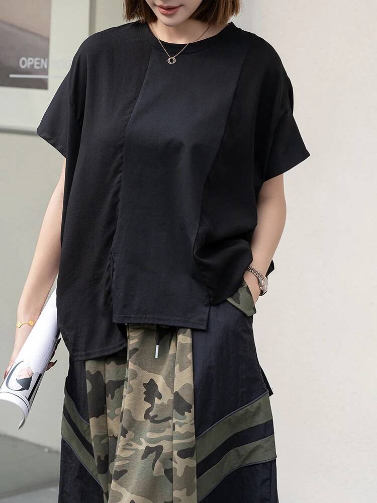 Vintage Fashion Build - เสื้อยืดลำลองผู้หญิงสีดำทรงไม่สมมาตร ไซส์ใหญ่ คอกลม แขนสั้น แฟชั่นฤดูใบไม้ผลิ ฤดูร้อน