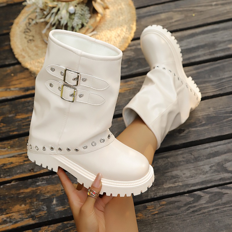 Vintage Fashion Wear - รองเท้าบูทกลางข้อสำหรับผู้หญิงสไตล์วินเทจสีพื้น ใส่สบาย ทนทานต่อการสึกหรอ กันลื่น แฟชั่นใหม่สำหรับฤดูใบไม้ผลิและฤดูใบไม้ร่วง