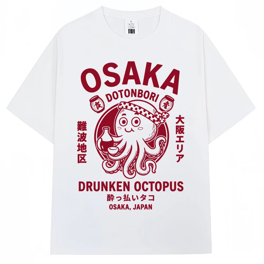 Vintage Fashion Osaka - เสื้อยืดลายปลาหมึกดื่มสไตล์ญี่ปุ่นโอซากะ สำหรับผู้ชายและผู้หญิง เสื้อยืดวินเทจโดโตะบอริ ผ้าฝ้ายทรงหลวม เสื้อยืดสตรีทแวร์ ของขวัญ