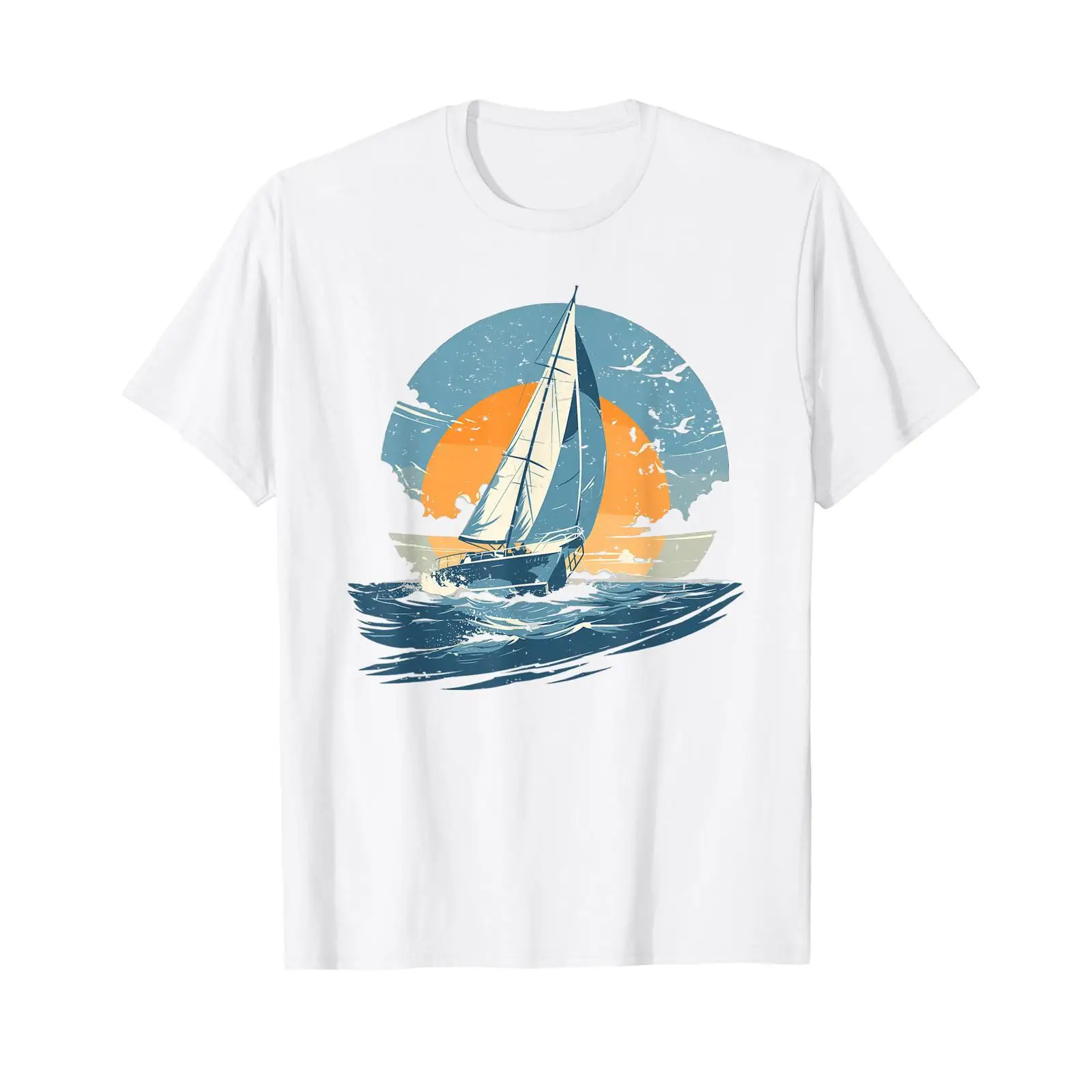 Vintage Yacht Fashion - เสื้อยืดลายเรือใบ/เรือยอชท์ สีขาว ไซส์ S สไตล์วินเทจ ลุคสตรีทแวร์