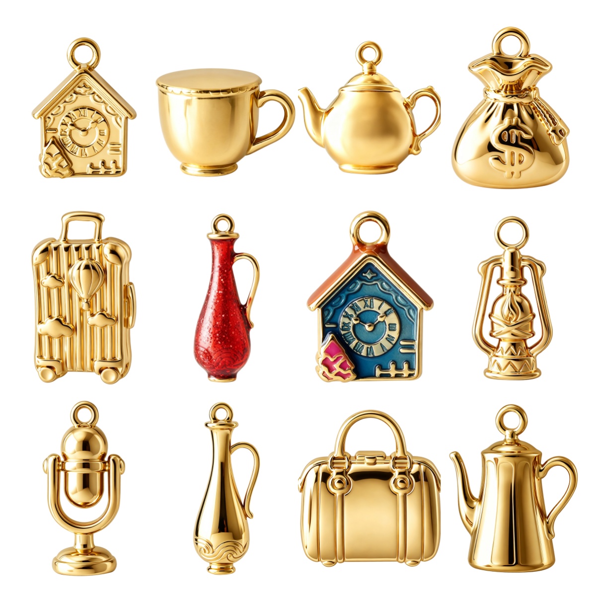 Vintage Fashion Houses - จี้เคลือบทอง 3 ชิ้น ลายวินเทจ รูปบ้าน นาฬิกา