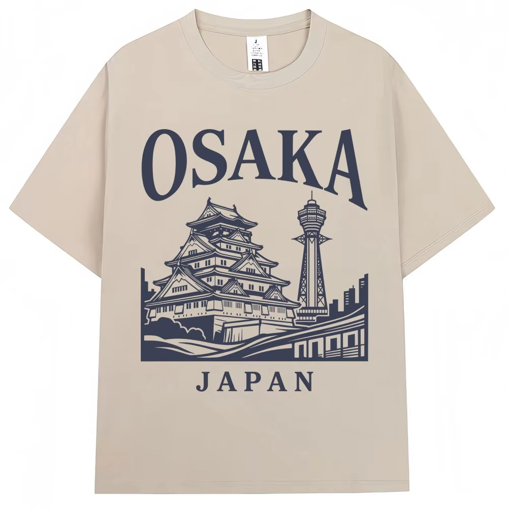 Vintage Fashion Osaka - เสื้อยืดลายโอซาก้าสไตล์ญี่ปุ่น ของที่ระลึกจากสถานที่ท่องเที่ยว แฟชั่นวินเทจ แขนสั้น ทรงโอเวอร์ไซส์ ผ้าฝ้าย