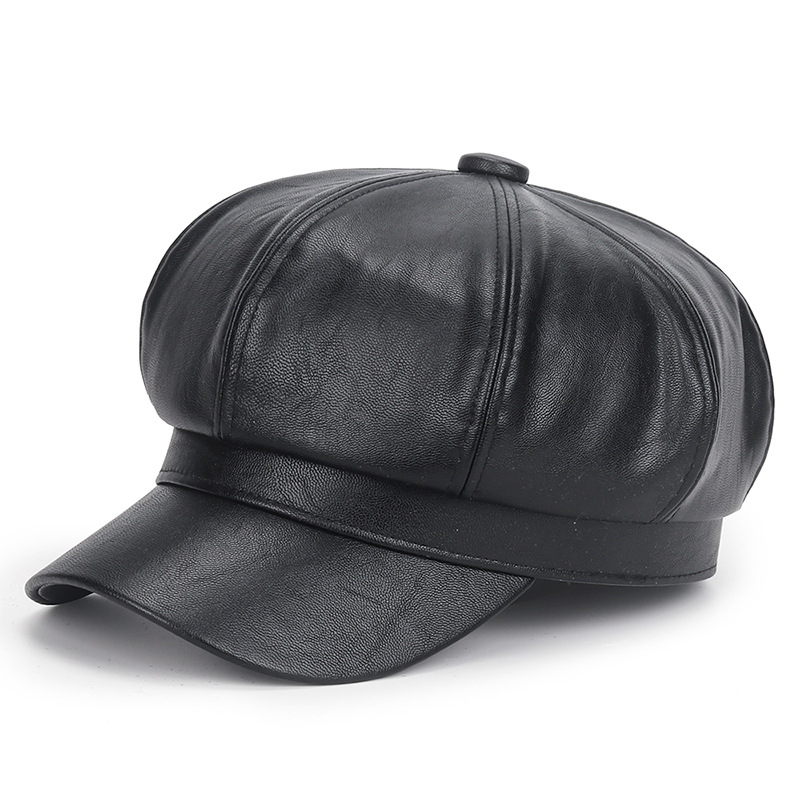 Vintage Fashion Hats - หมวกหนัง PU สีดำสำหรับผู้หญิง สไตล์วินเทจ ฮิปฮอป หมวกแก๊ปแฟชั่นลำลอง