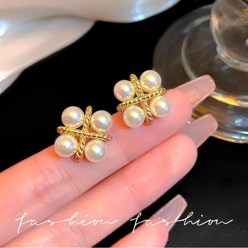 Vintage Fashion Trends 2026 - ต่างหูเงินแท้ 925 ดีไซน์เกาหลี ประดับไข่มุก รูปกากบาท สำหรับผู้หญิง