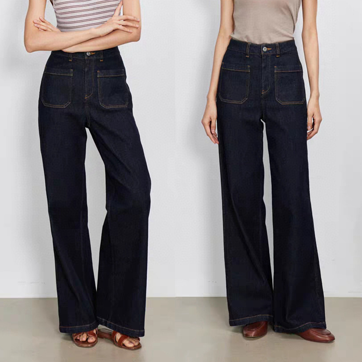 Wide Leg Trouser 70S - กางเกงยีนส์สีน้ำเงินเอวสูง ขากว้าง ทรงตรง สไตล์ย้อนยุคยุค 70 กระเป๋าคู่