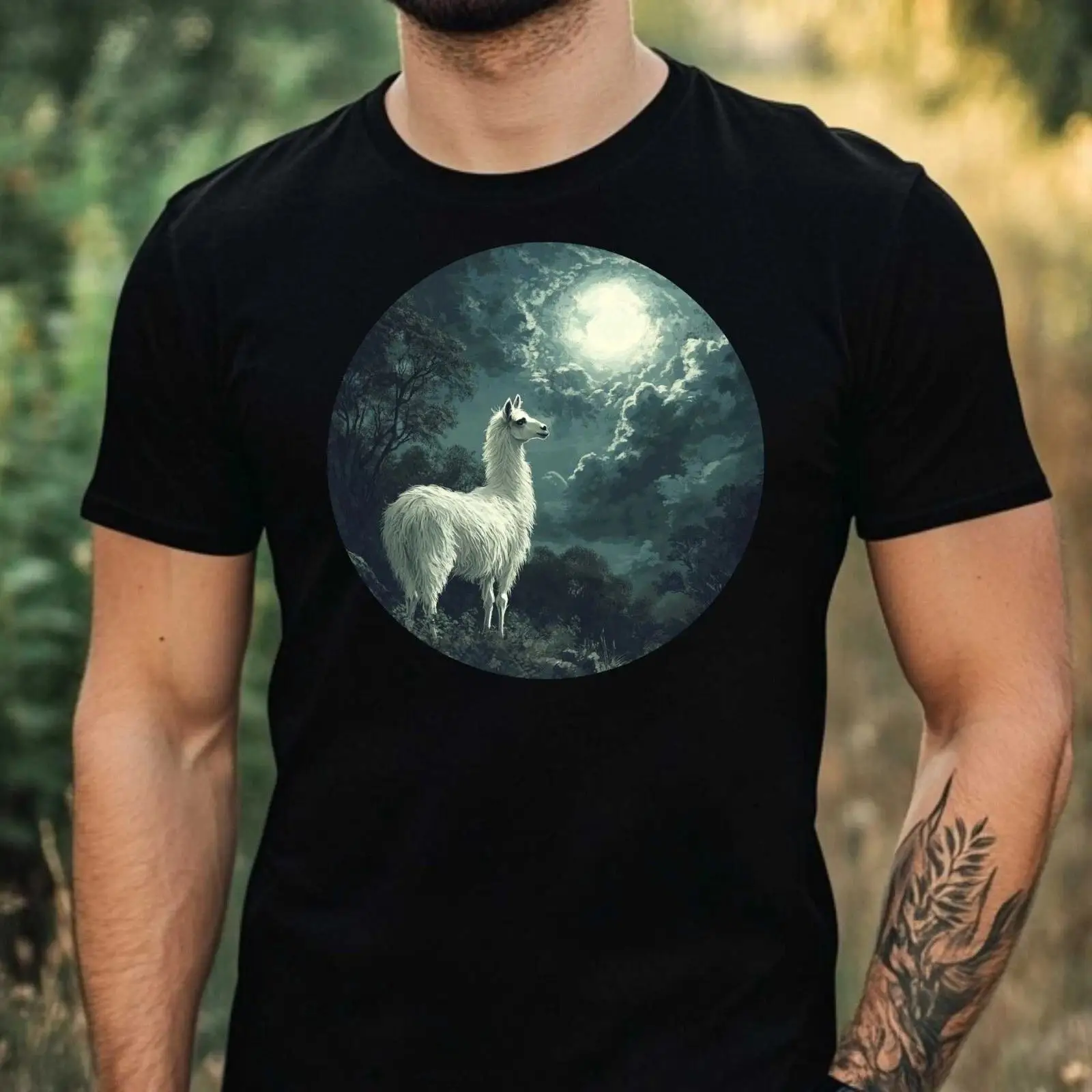 Vintage Fashion Herren - เสื้อยืดผู้ชายลายอัลปาก้าในแสงจันทร์ ผ้าฝ้าย ไซส์ XS ถึง 5XL