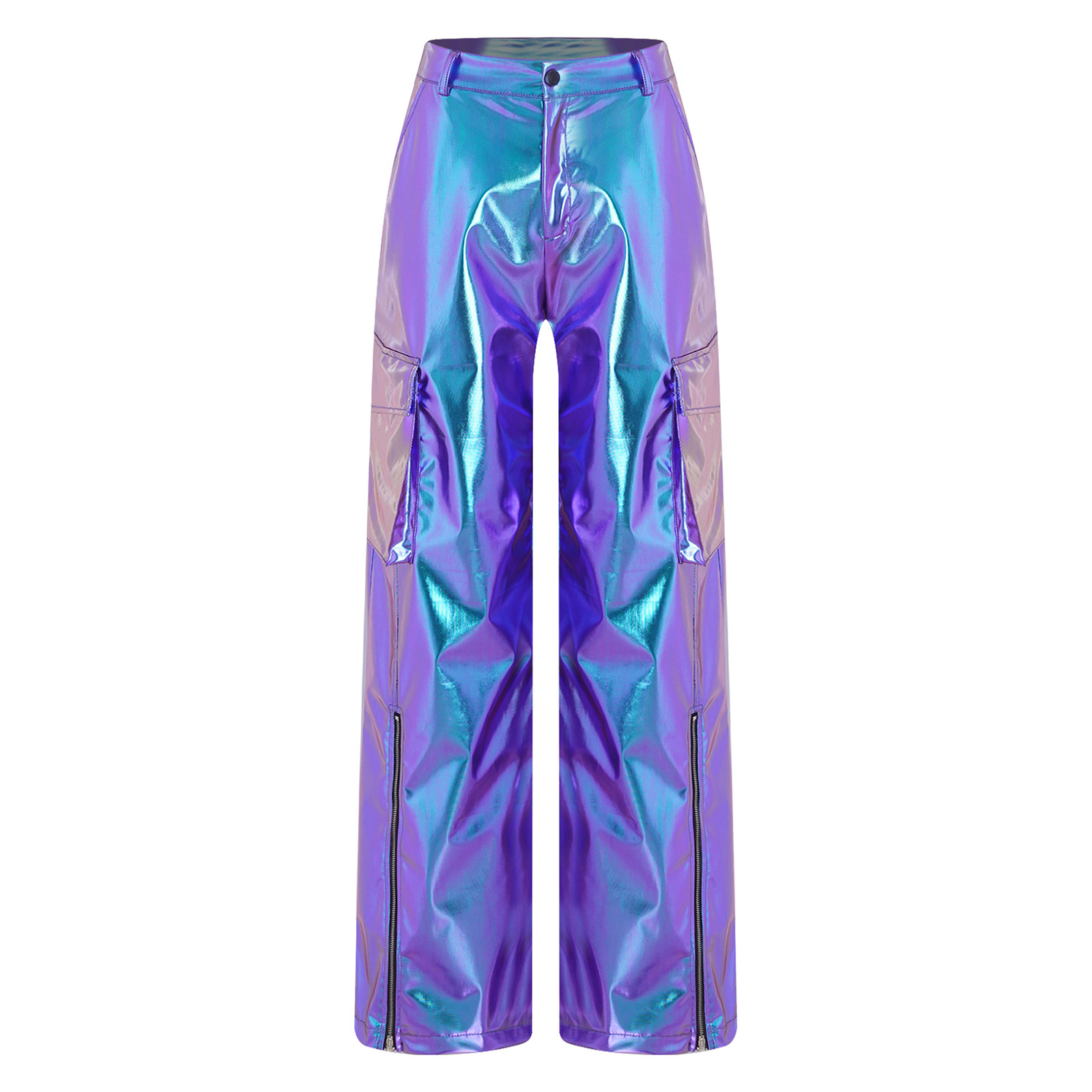 Wide Leg Trouser 70S - ชุดดิสโก้ยุค 70 สำหรับผู้ใหญ่ กางเกงคาร์โก้สำหรับการแสดงฮิปฮอปแจ๊ส แฟชั่นกางเกงขายาวเอวสูงมีซิป ผ้าเมทัลลิกเงา