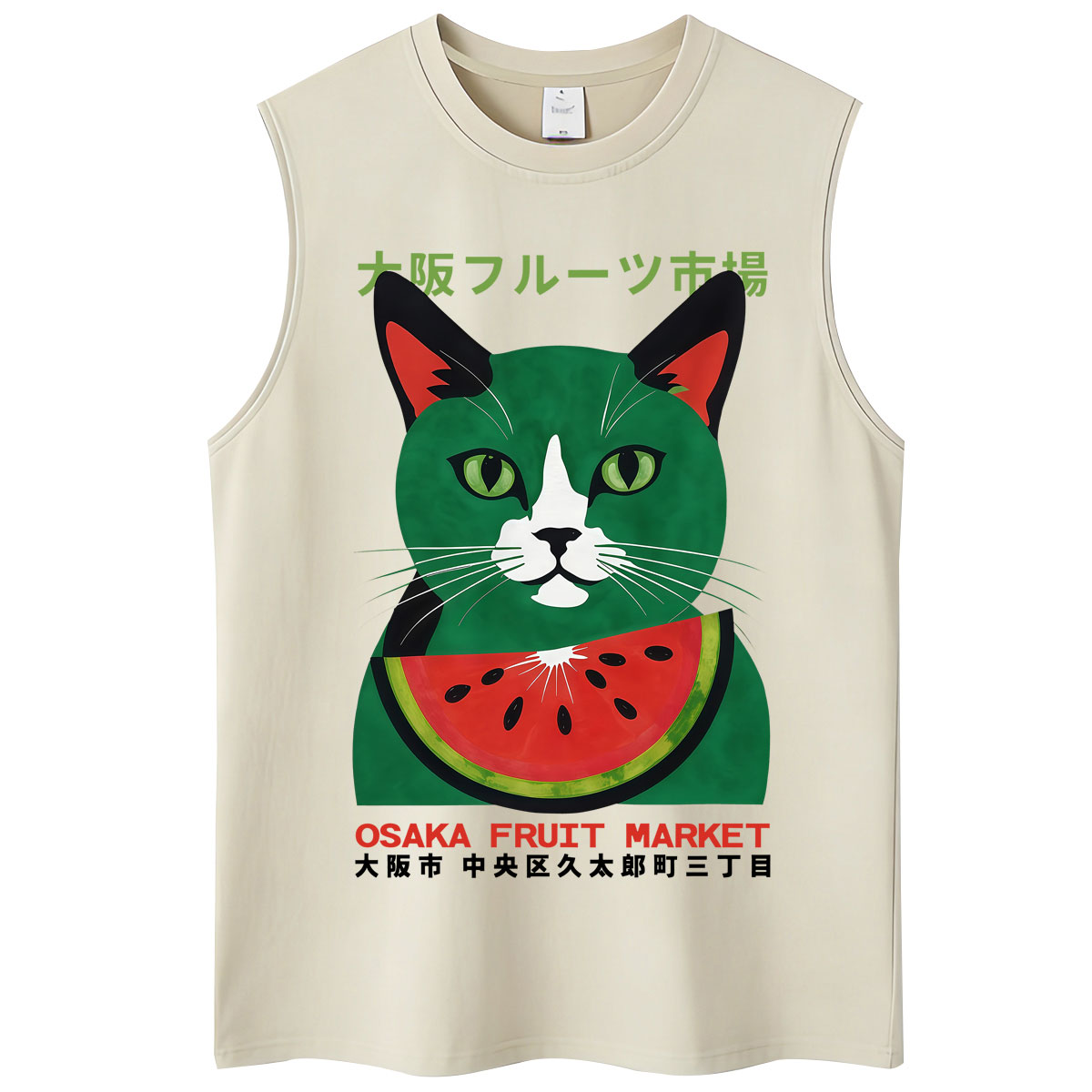 Vintage Fashion Osaka - เสื้อกล้ามลายแมวตลาดผลไม้ออซากะสไตล์ญี่ปุ่น ตลก แฟชั่นวินเทจ สำหรับผู้ชายและผู้หญิง เสื้อผ้าฝ้ายหลวมไม่มีแขน