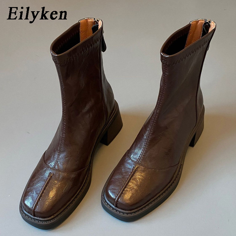 Vintage Fashion Design - รองเท้าบูทข้อเท้าผู้หญิงทรงสลิมแบบตัดต่อจาก Eilyken Fashion Design สำหรับฤดูใบไม้ร่วงและฤดูหนาว สไตล์วินเทจ