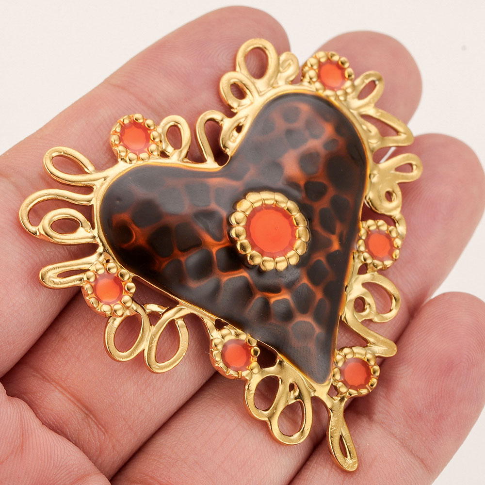Vintage Fashion Jewelry Necklaces - จี้รูปหัวใจศักดิ์สิทธิ์สีน้ำตาลสไตล์บาโรกขนาดใหญ่ 55 มม. ทำจากสแตนเลส 2 ชิ้น