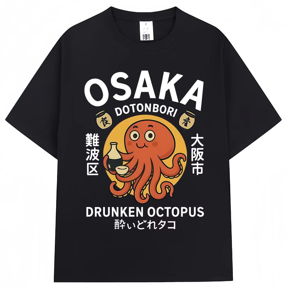 Vintage Fashion Osaka - เสื้อยืดลายกราฟิกปลาหมึกเมาสไตล์ญี่ปุ่นโอซาก้า โดโตนโบริ แฟชั่นวินเทจ แขนสั้น โอเวอร์ไซส์ ผ้าฝ้าย