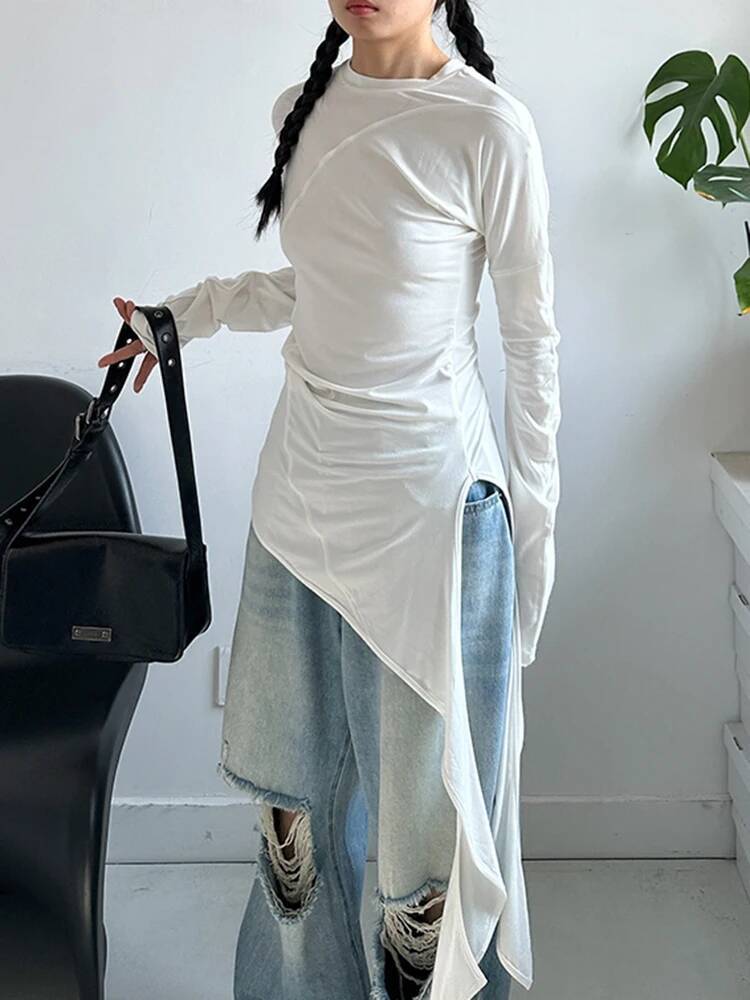 เฮม วีเมนสีขาวไม่สม่ำเสมอเสื้อ - Vintage Fashion Build บทวิจารณ์และราคา