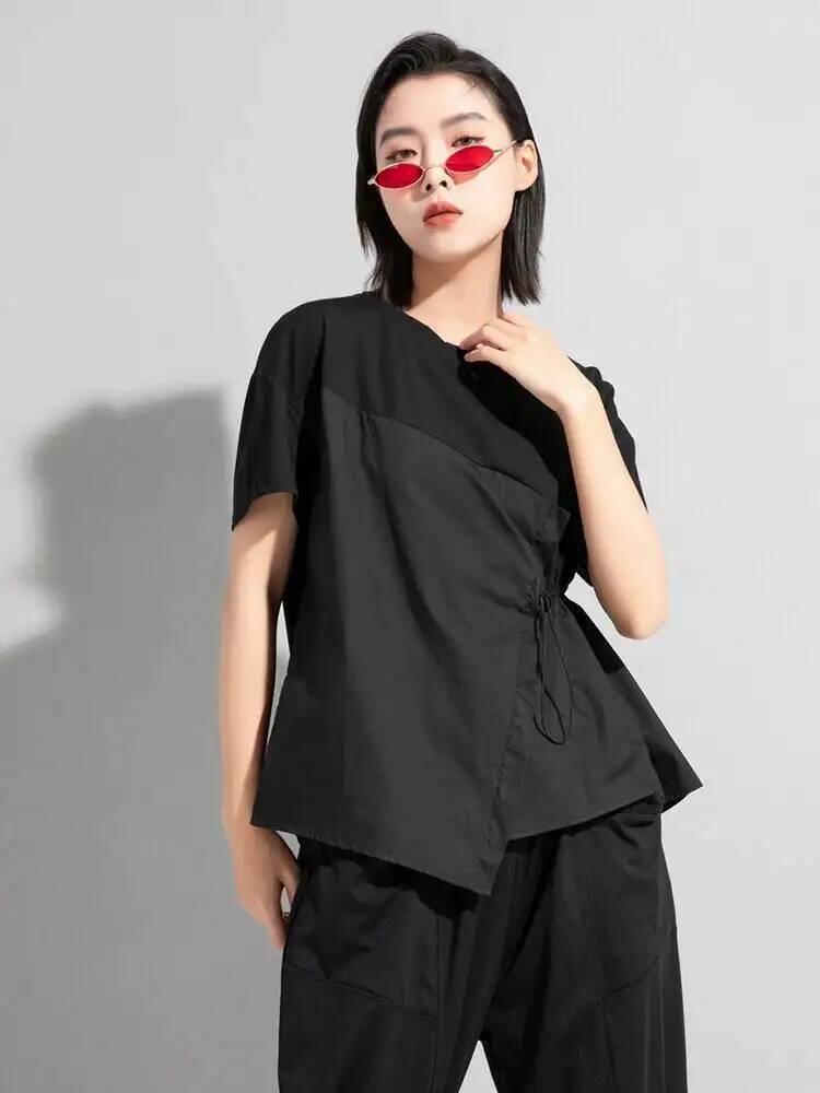 เสื้อยืดลำลองผู้หญิงสีดำมีเชือ - Vintage Fashion Build บทวิจารณ์และราคา