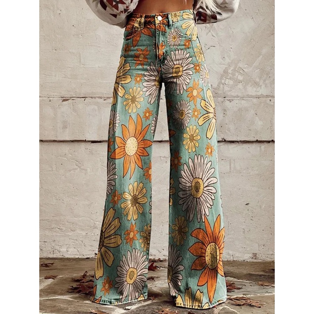 กางเกงขายาวเอวสูงลายดอกเดซี่สไ - Wide Leg Trouser 70S บทวิจารณ์และราคา