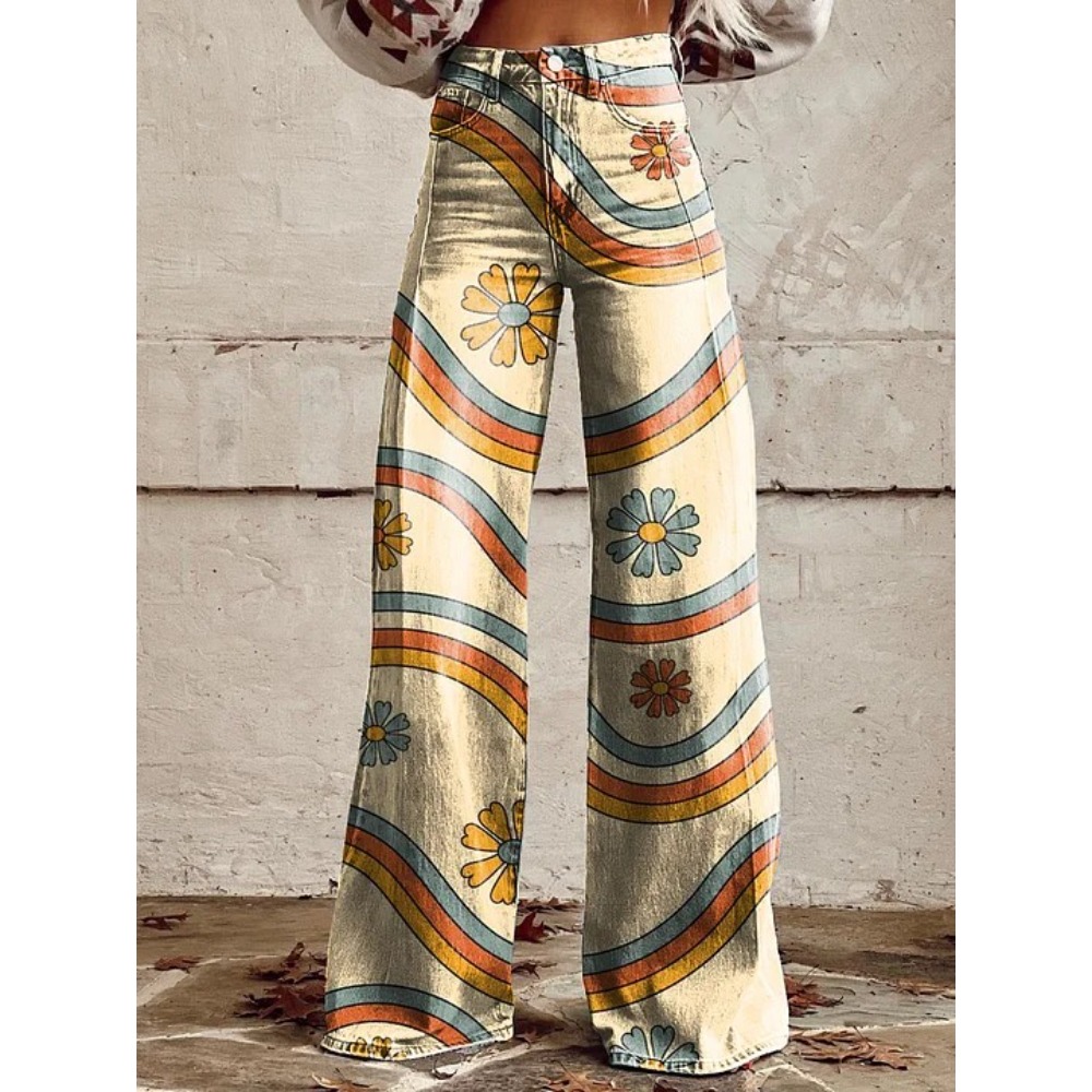 กางเกงขายาวเอวสูงลายดอกเดซี่สไ - Wide Leg Trouser 70S บทวิจารณ์และราคา